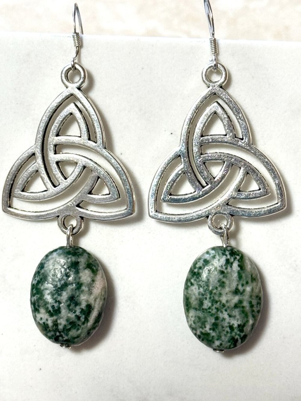 2/$20, Green Tree Agate Triqueta Earrings, Gemstone & Sterling Silver Hooks